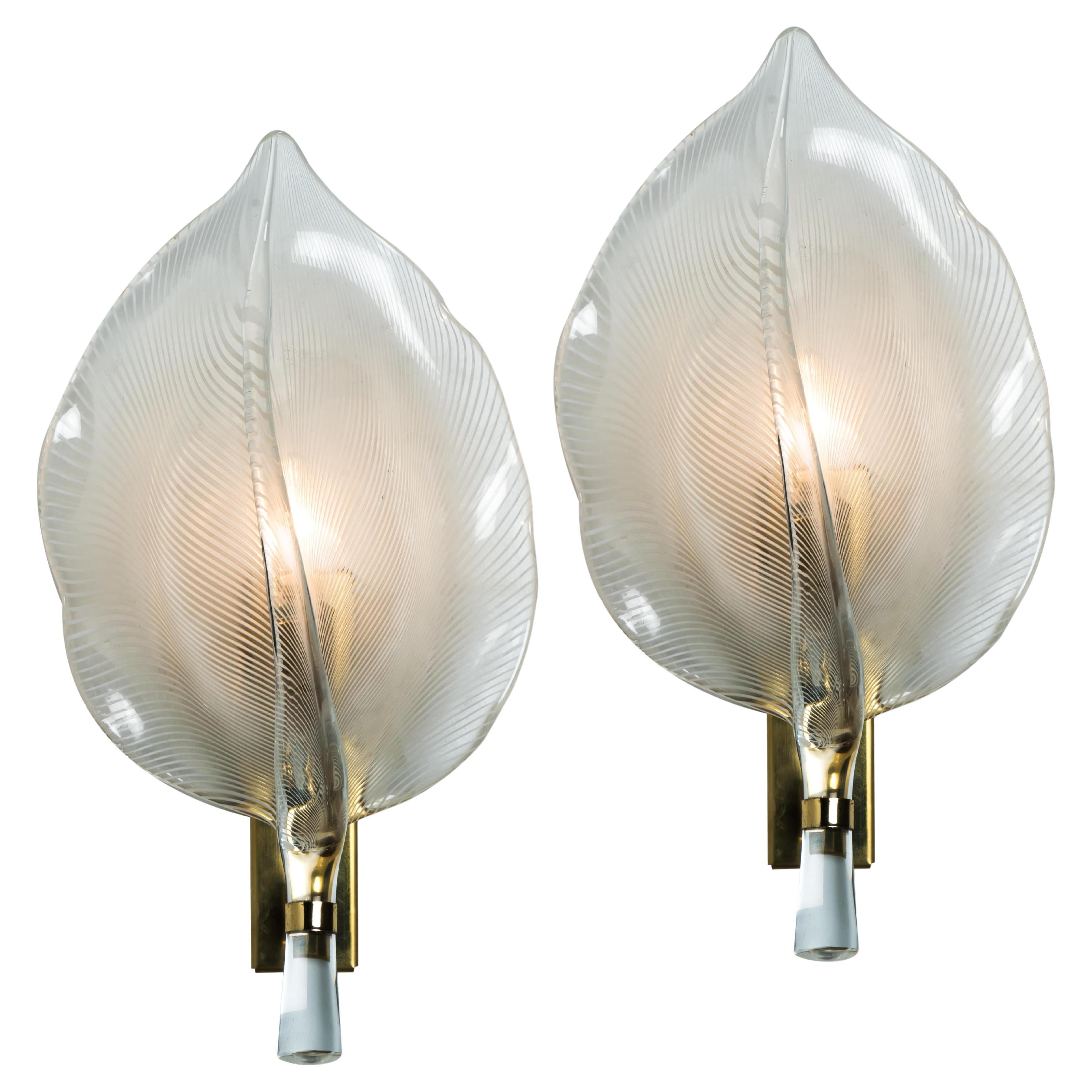 One of the Six Murano Glass Striated Leaf wall lights by Franco Luce, 1970