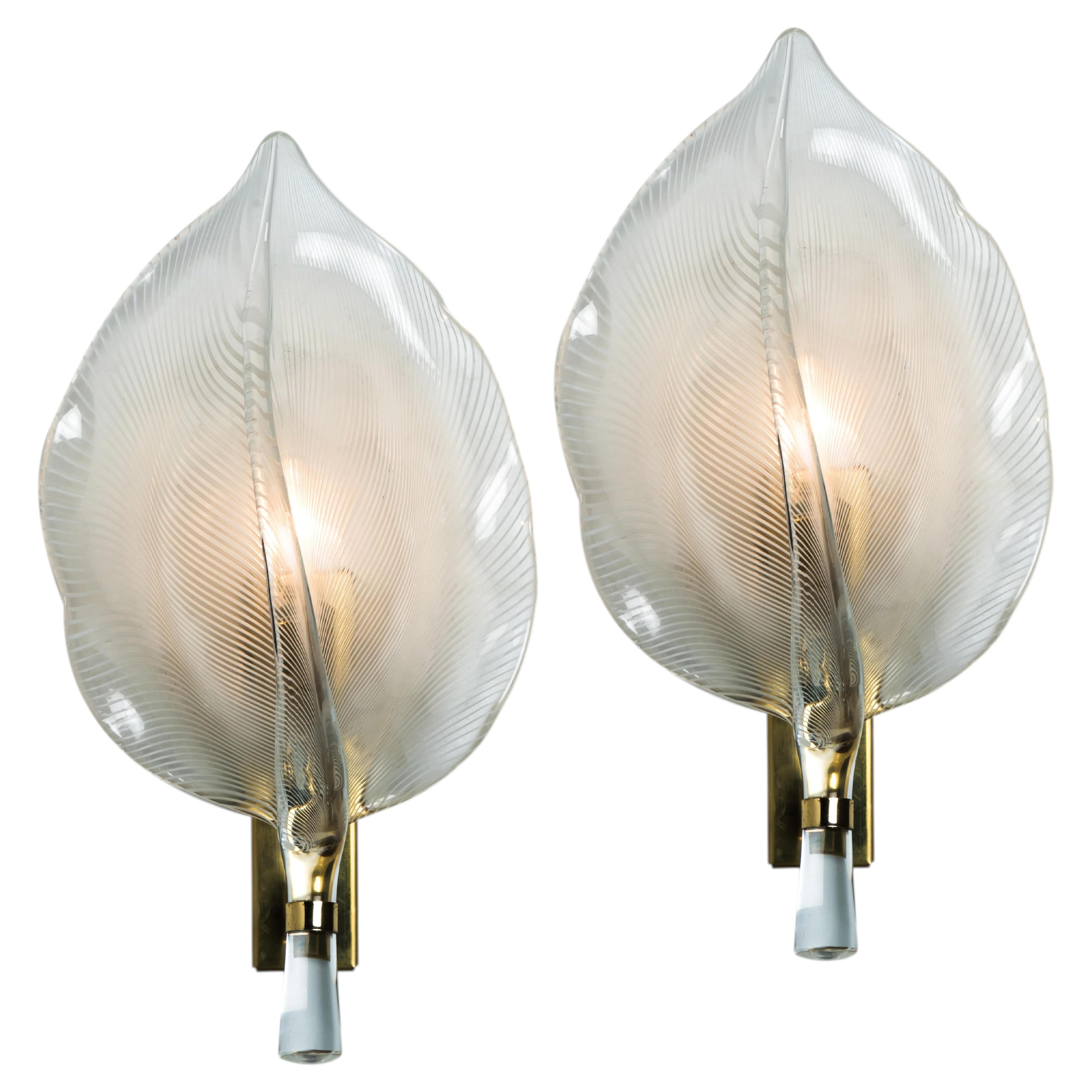 One of the Six Murano Glass Striated Leaf wall lights by Franco Luce, 1970