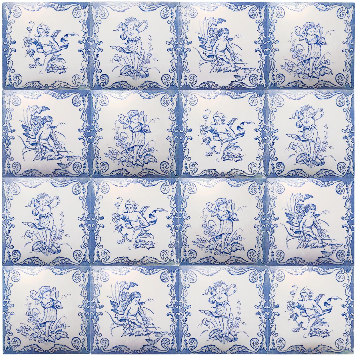 This is an amazing set of 4 handmade tiles with 4 different stylized angel/putti designs in very light blue with white back ground. Manufactured around 1930 in Hasselt 