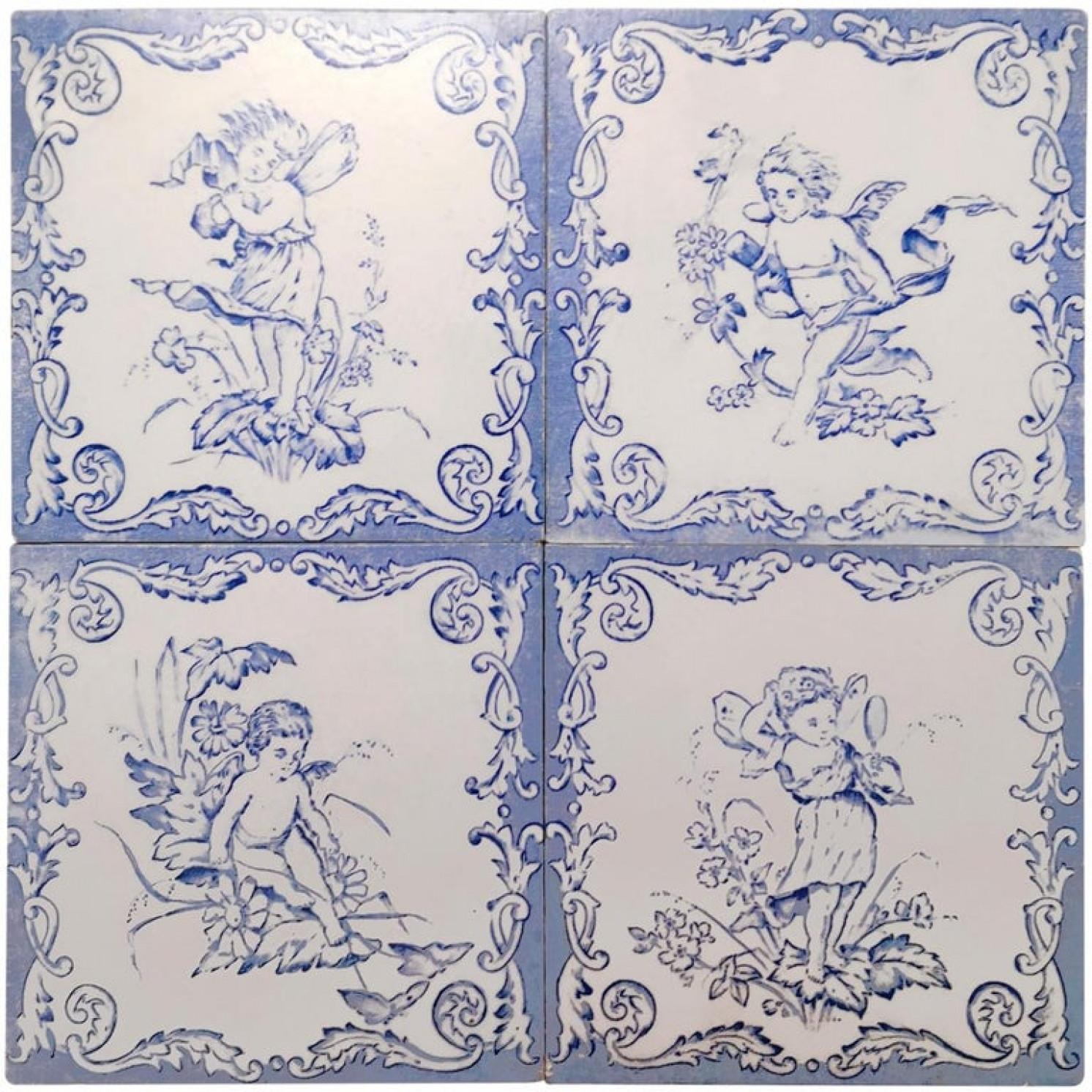 Austrian One of the Six Sets of Four Ceramic Tiles with Angels, circa 1930 For Sale
