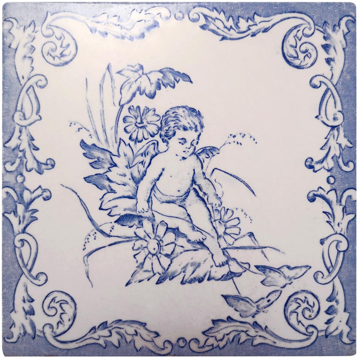 Glazed One of the Six Sets of Four Ceramic Tiles with Angels, circa 1930 For Sale