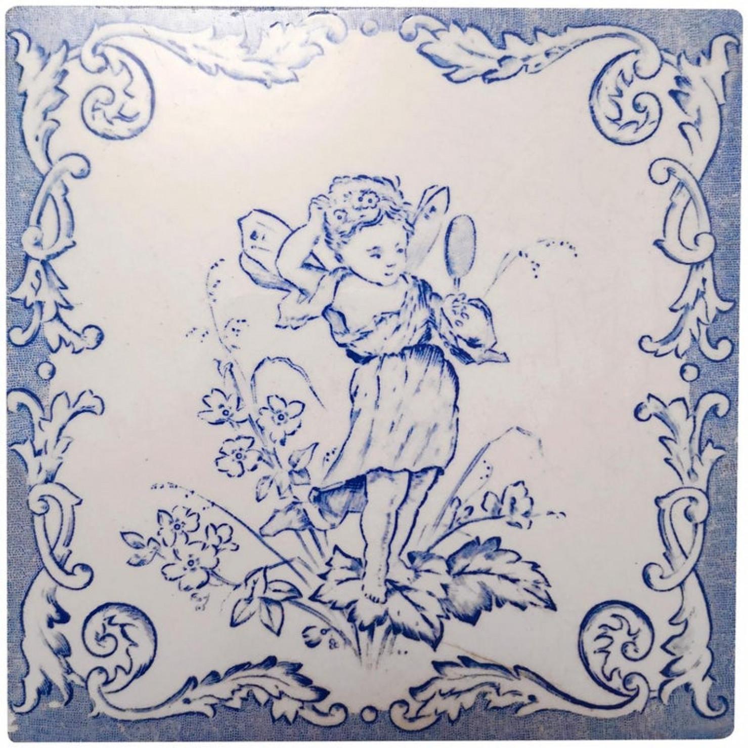 Glazed One of the Six Sets of Four Ceramic Tiles with Angels, circa 1930 For Sale