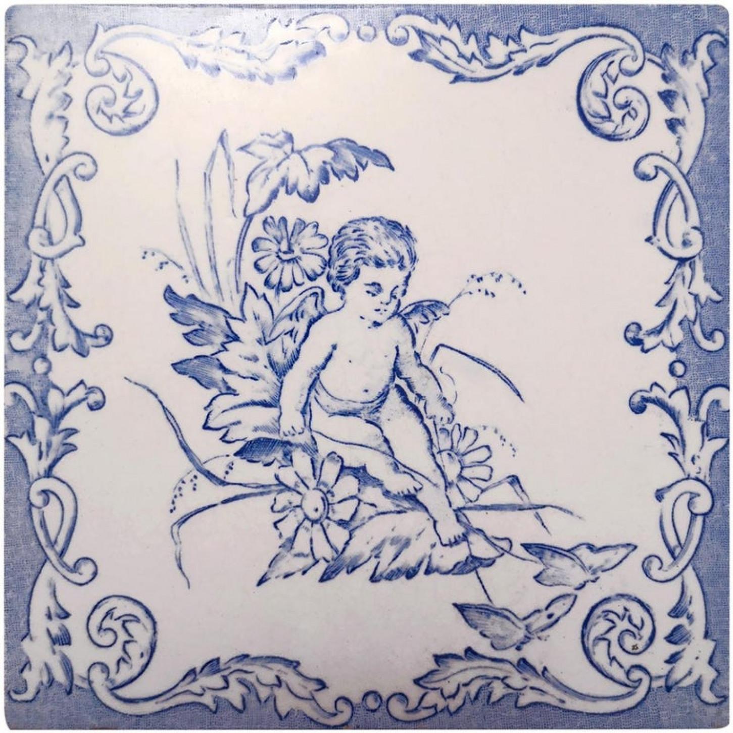 One of the Six Sets of Four Ceramic Tiles with Angels, circa 1930 In Good Condition For Sale In Rijssen, NL