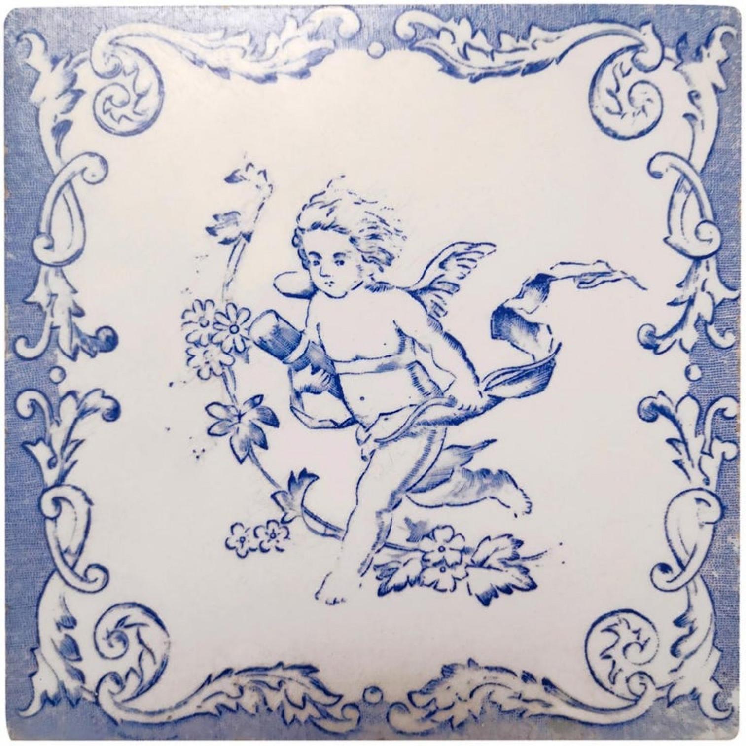 Mid-20th Century One of the Six Sets of Four Ceramic Tiles with Angels, circa 1930 For Sale