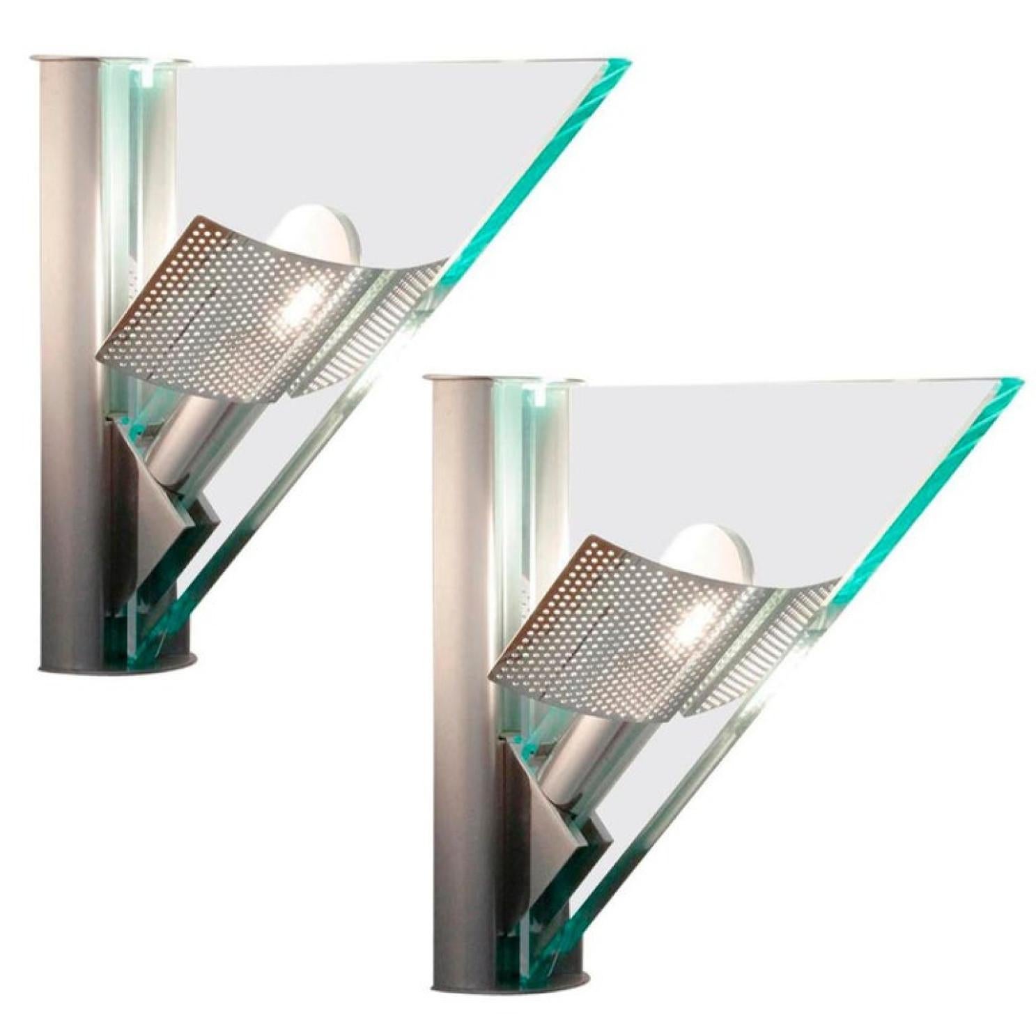 Aluminum One of the Ten Glass Aluminium Triangle Shaped Wall Lights, Artemide, 1984 For Sale