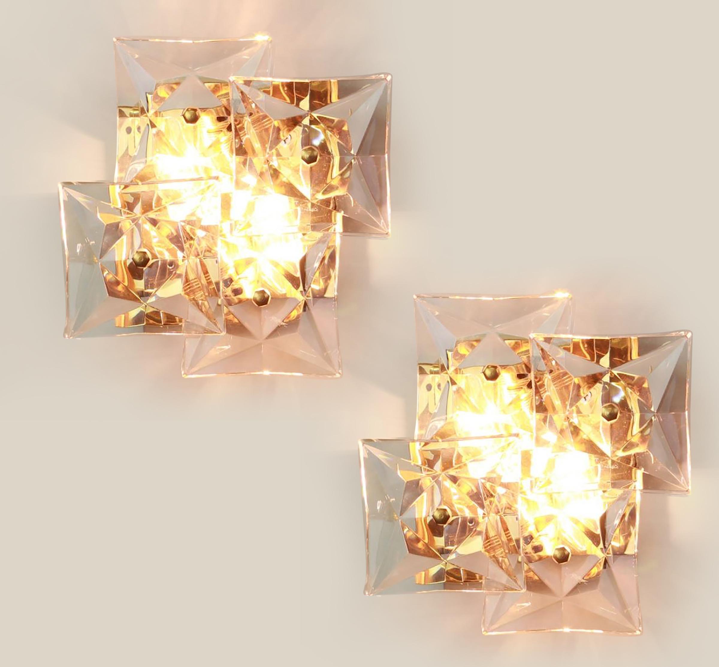 Mid-Century Modern One of the Ten Square Crystal, Gold-Plated, Sconces by Kinkeldey, Germany, 1970s For Sale