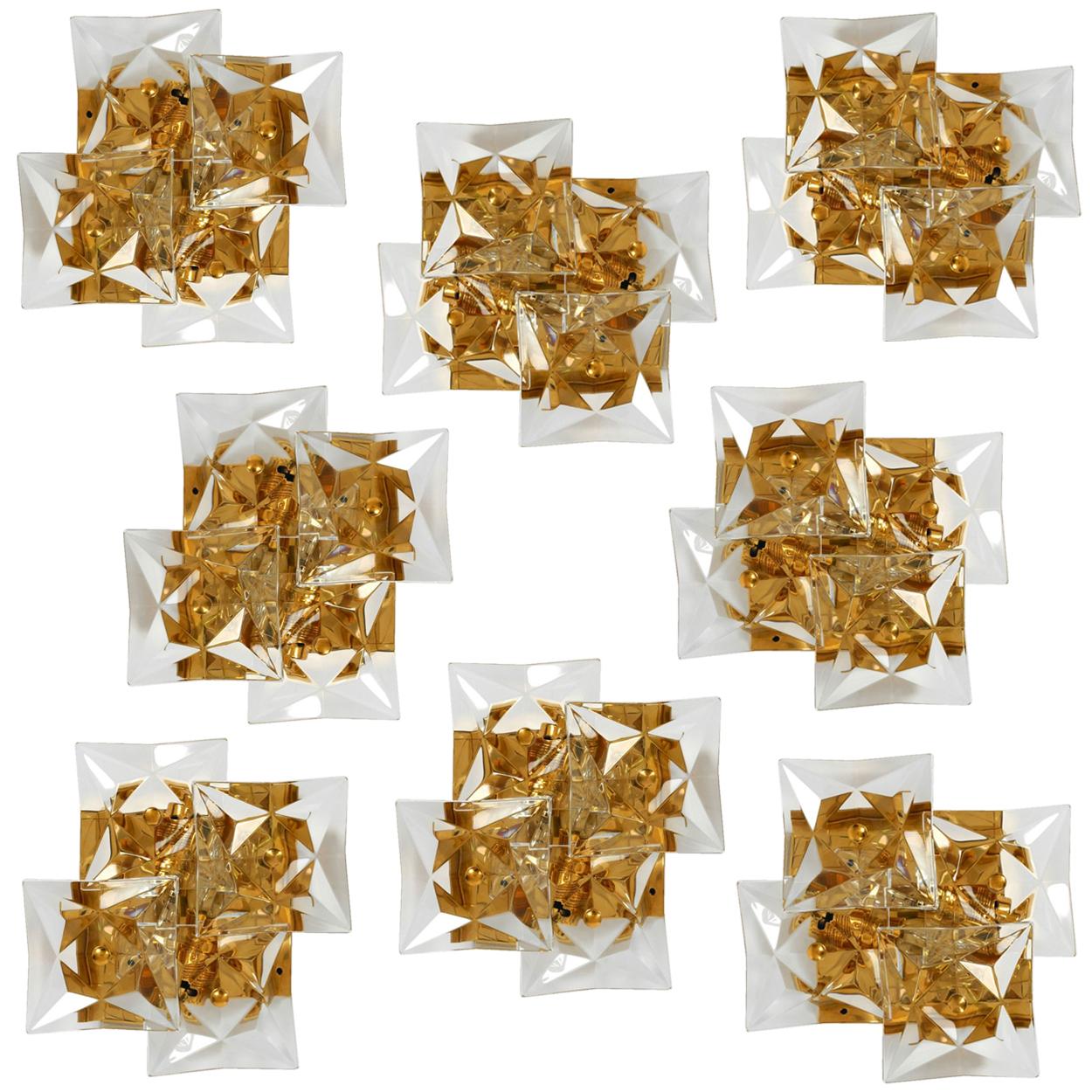 Late 20th Century One of the Ten Square Crystal, Gold-Plated, Sconces by Kinkeldey, Germany, 1970s For Sale