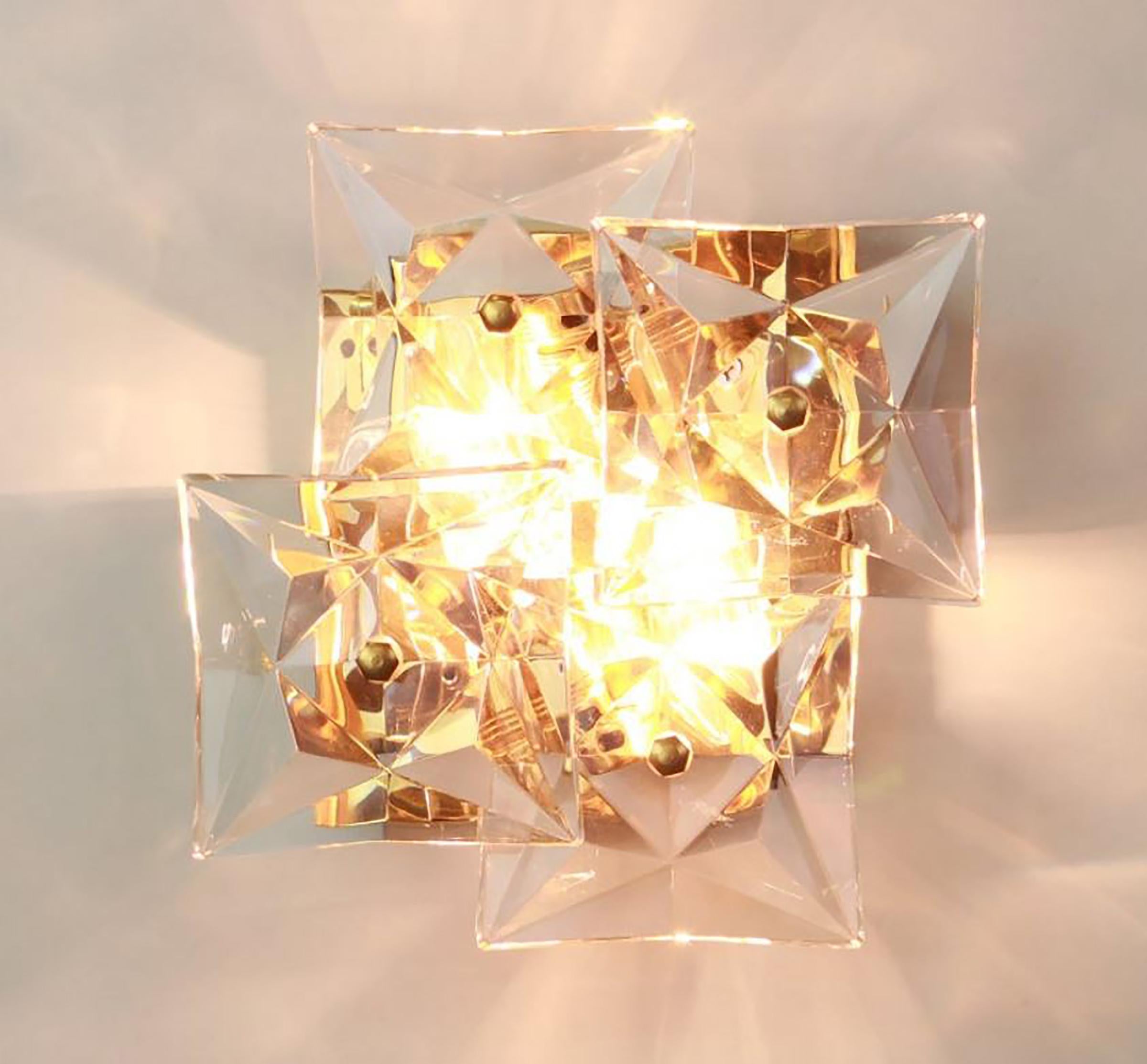 Metal One of the Ten Square Crystal, Gold-Plated, Sconces by Kinkeldey, Germany, 1970s For Sale