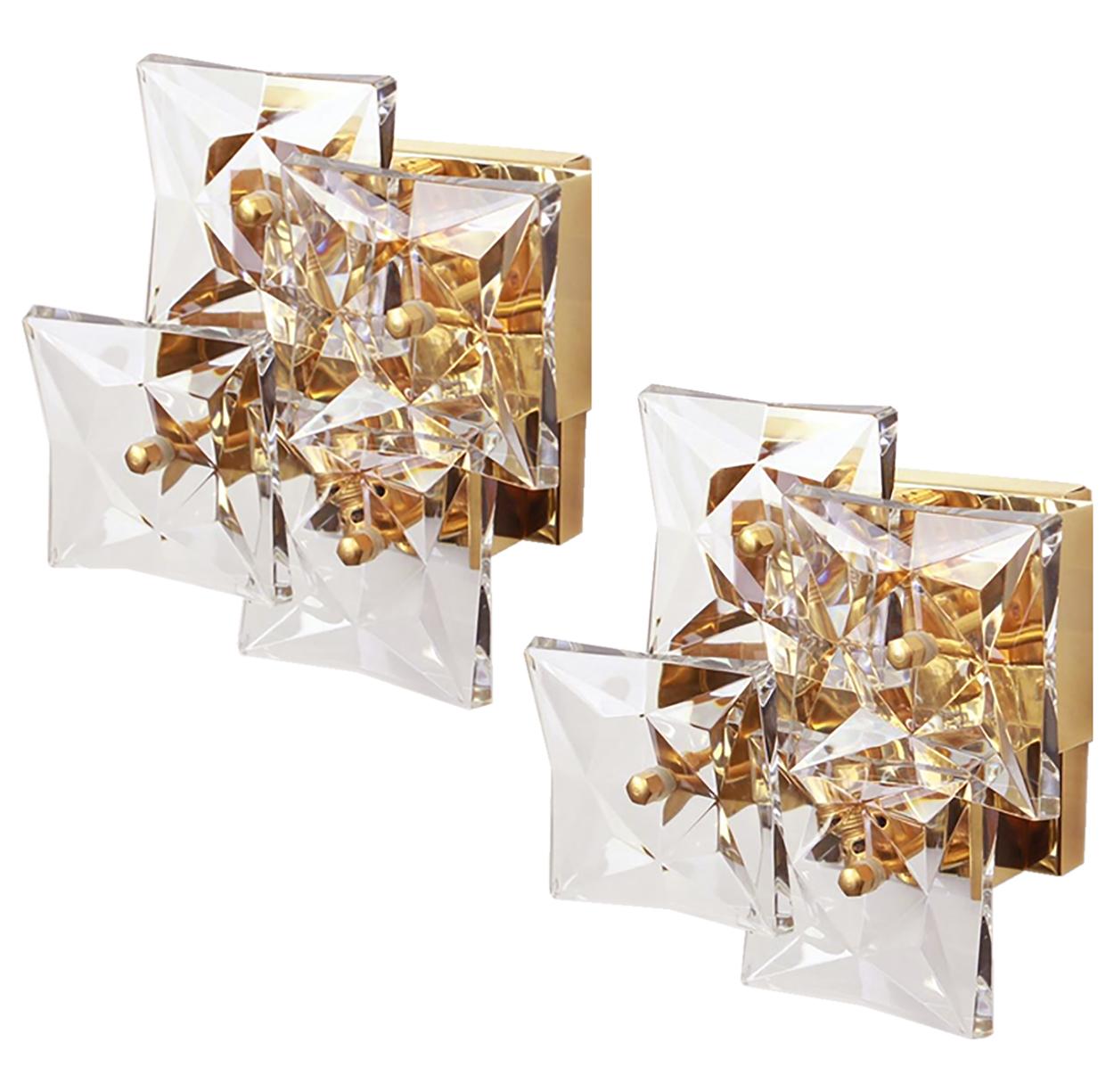 One of the Ten Square Crystal, Gold-Plated, Sconces by Kinkeldey, Germany, 1970s For Sale 2