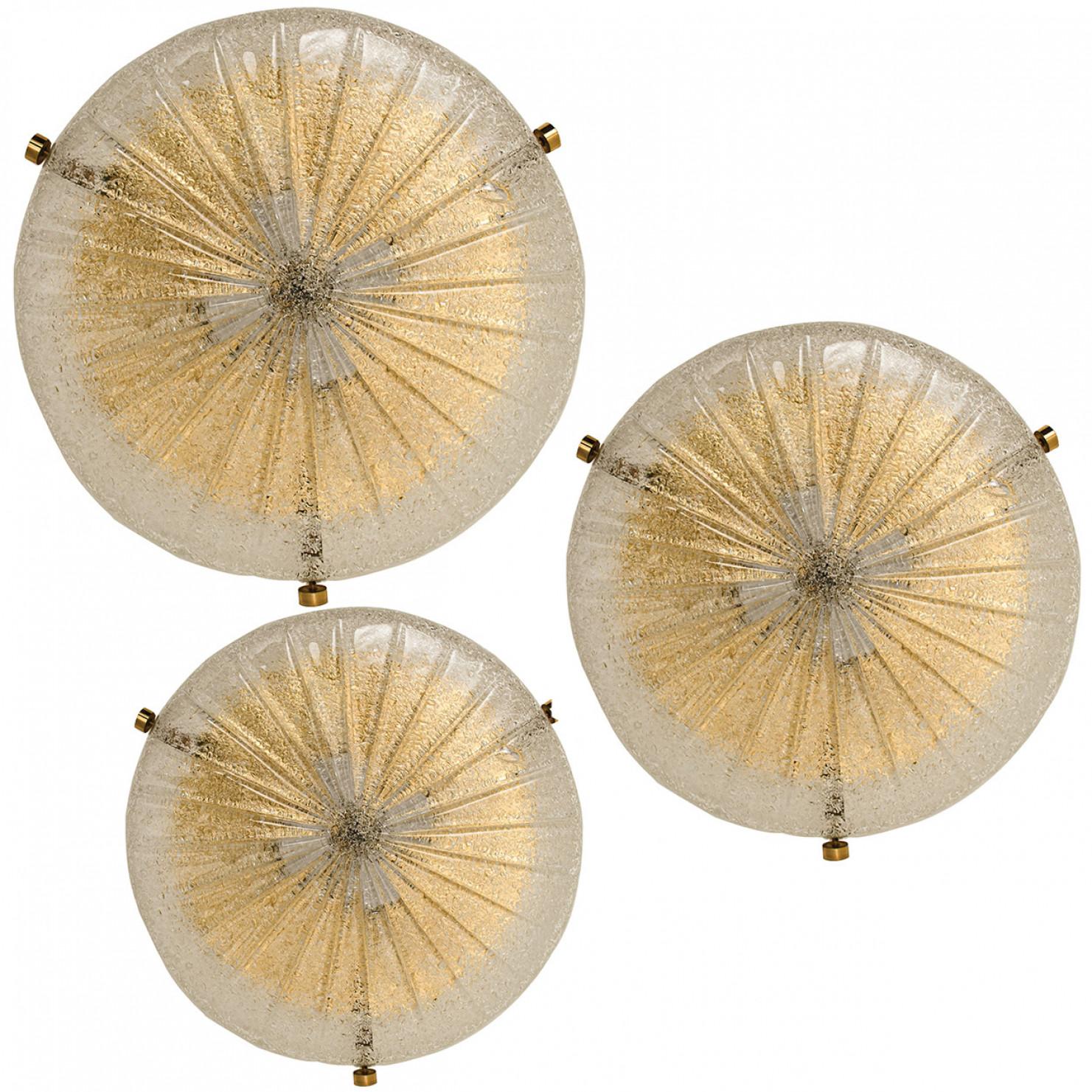 Mid-Century Modern One of the Three Gold Clear Brass and Textured Glass Flush Mount by Hillebrand -