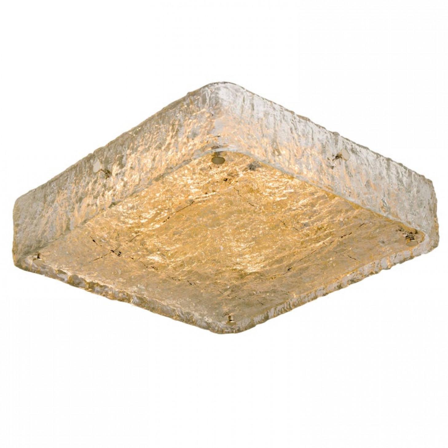 1 of the 3 handmade high quality light fixture made by J.T. Kaiser, Austria, manufactured in midcentury, circa 1970 (at the end of 1960s and beginning of 1970s).

This flushmount or ceiling light features four sheets made of handmade, think textured