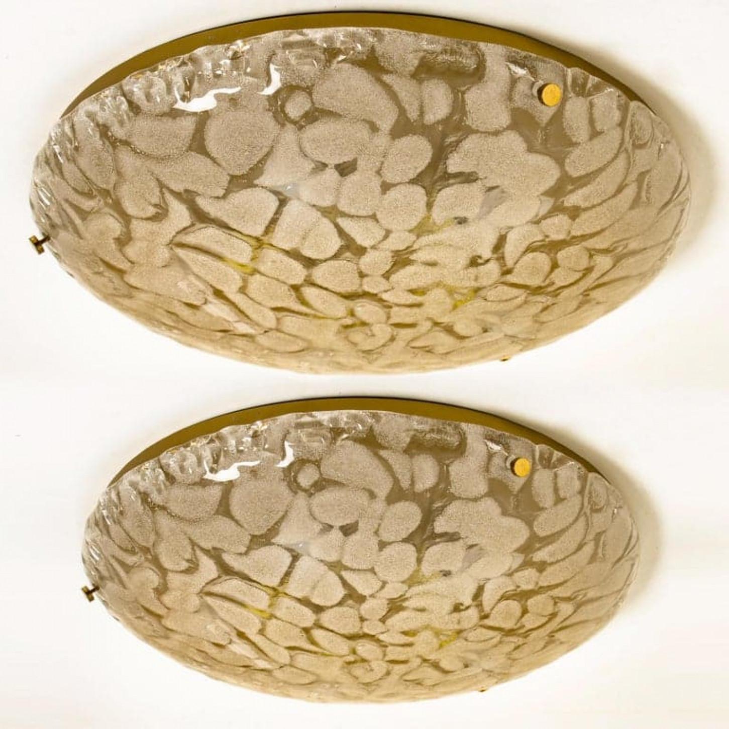 One of the Two Brass and Blown Murano Glass Wall Light or Flush Mounts, 1960s For Sale 2