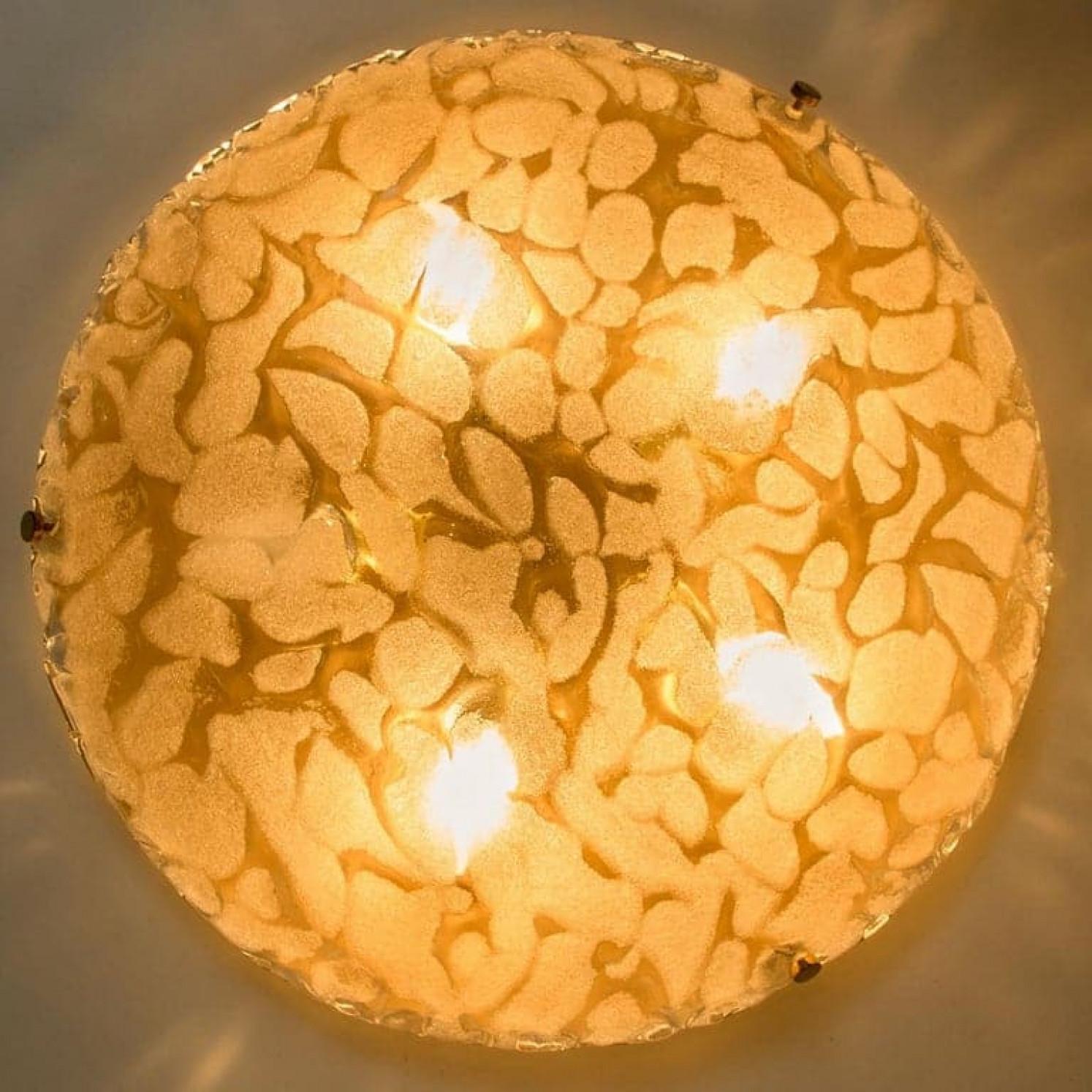 One of the Two Brass and Blown Murano Glass Wall Light or Flush Mounts, 1960s For Sale 3
