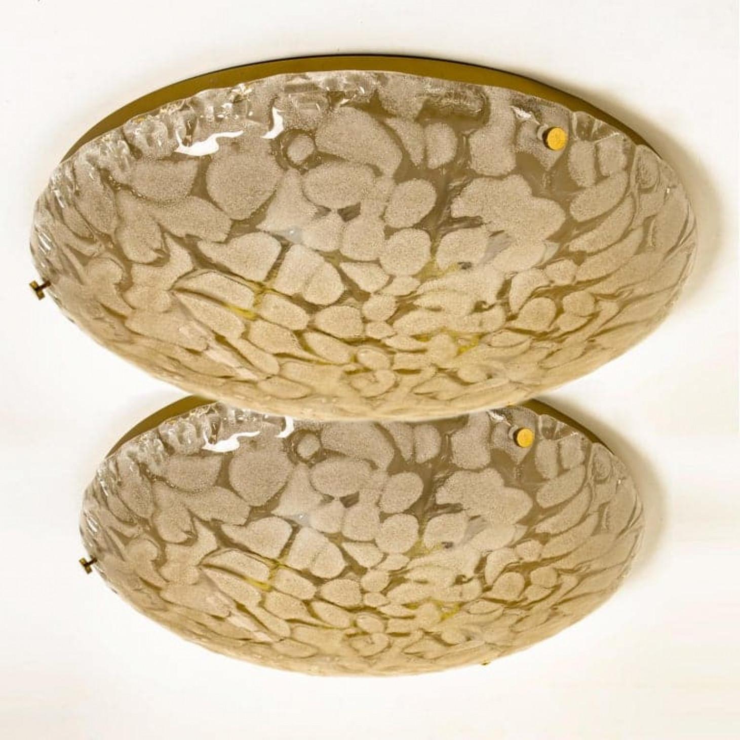German One of the Two Brass and Blown Murano Glass Wall Light or Flush Mounts, 1960s For Sale
