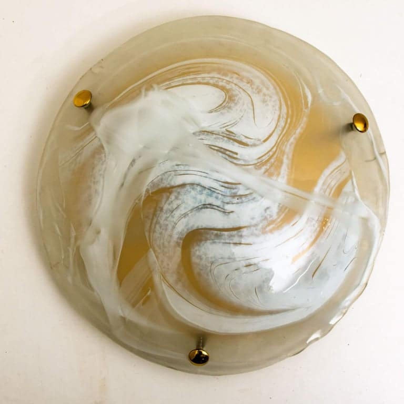 One of the Two Brass Massive Murano Glass Wall Lights or Flush Mounts, 1960 For Sale 3