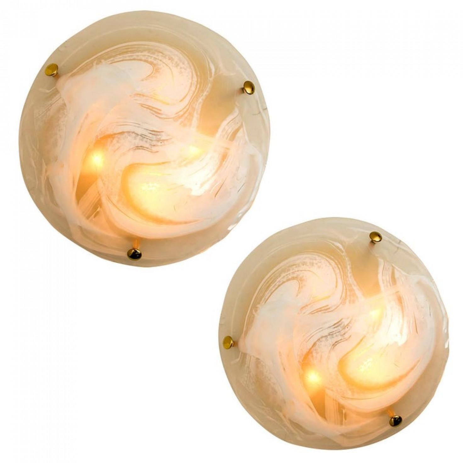 One of the Two Brass Massive Murano Glass Wall Lights or Flush Mounts, 1960 For Sale 4