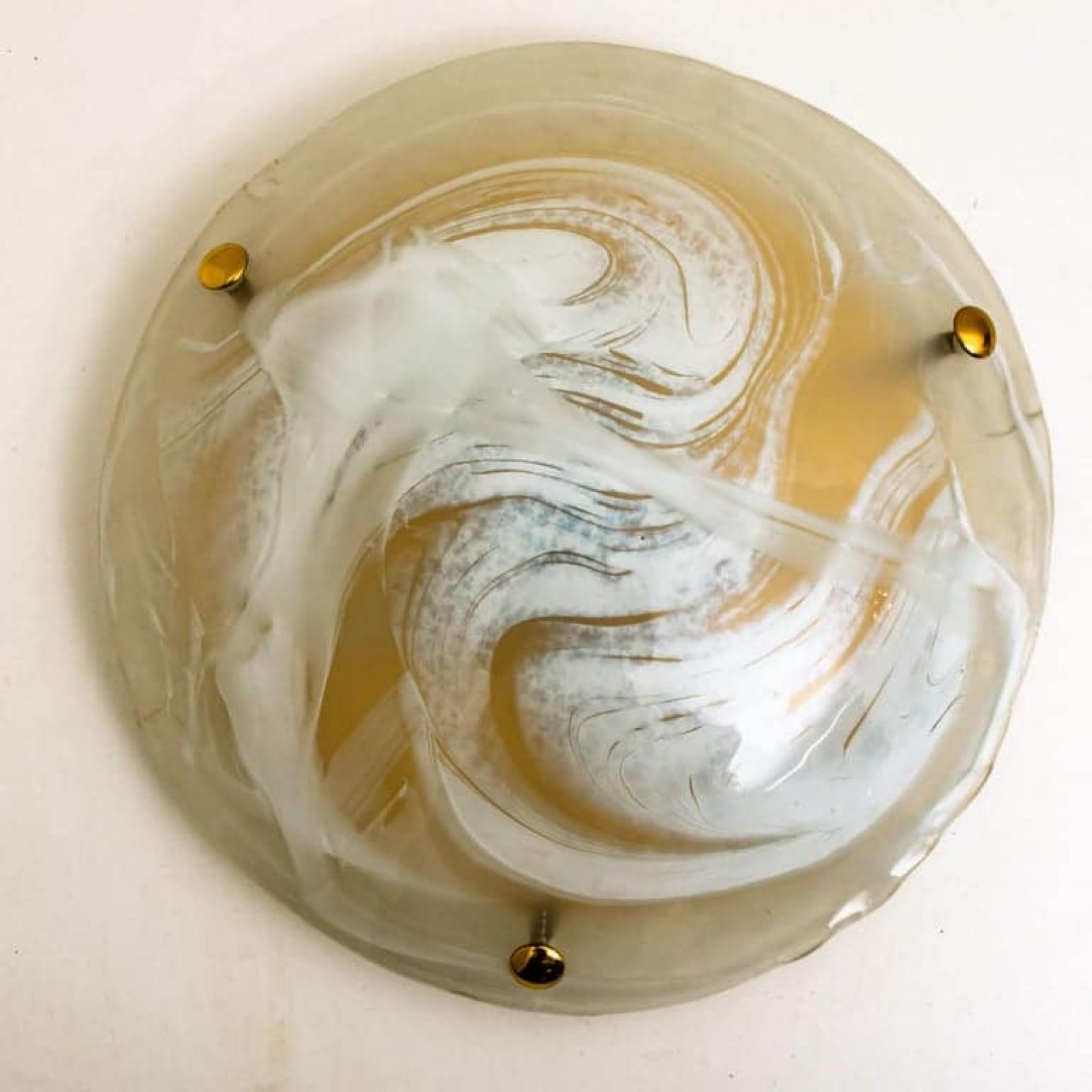 One of the Two Brass Massive Murano Glass Wall Lights or Flush Mounts, 1960 For Sale 5