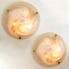 One of the Two Brass Massive Murano Glass Wall Lights or Flush Mounts, 1960