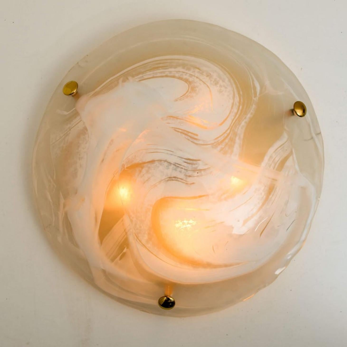 German One of the Two Brass Massive Murano Glass Wall Lights or Flush Mounts, 1960 For Sale