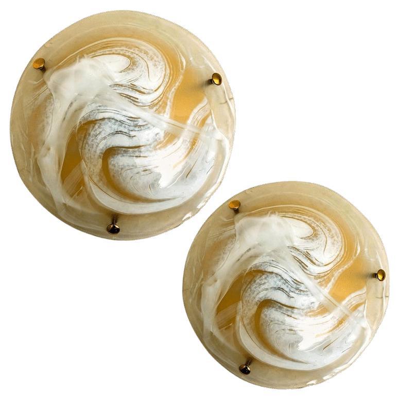 One of the Two Brass Massive Murano Glass Wall Lights or Flush Mounts, 1960 For Sale