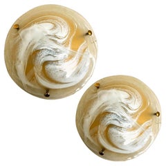 One of the Two Brass Massive Murano Glass Wall Lights or Flush Mounts, 1960