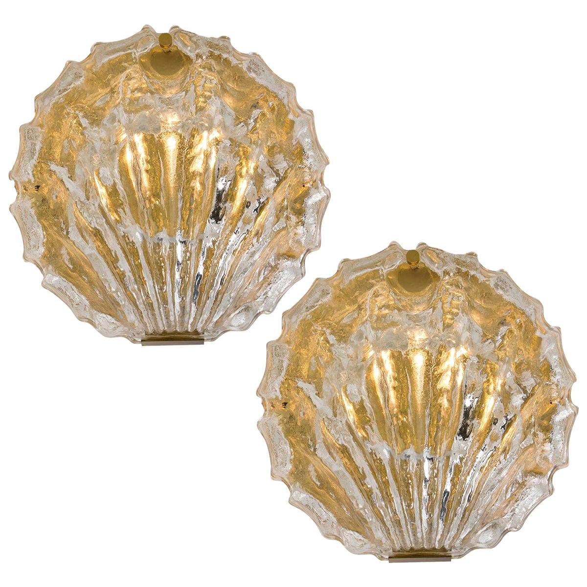 Pair of very exclusive wall lights by J.T. Kalmar handmade and very heavy quality. Each sconce is made of polished brass frames with a large crystal glasses in the form of a shell. Illuminates beautifully.

Please notice the price is for