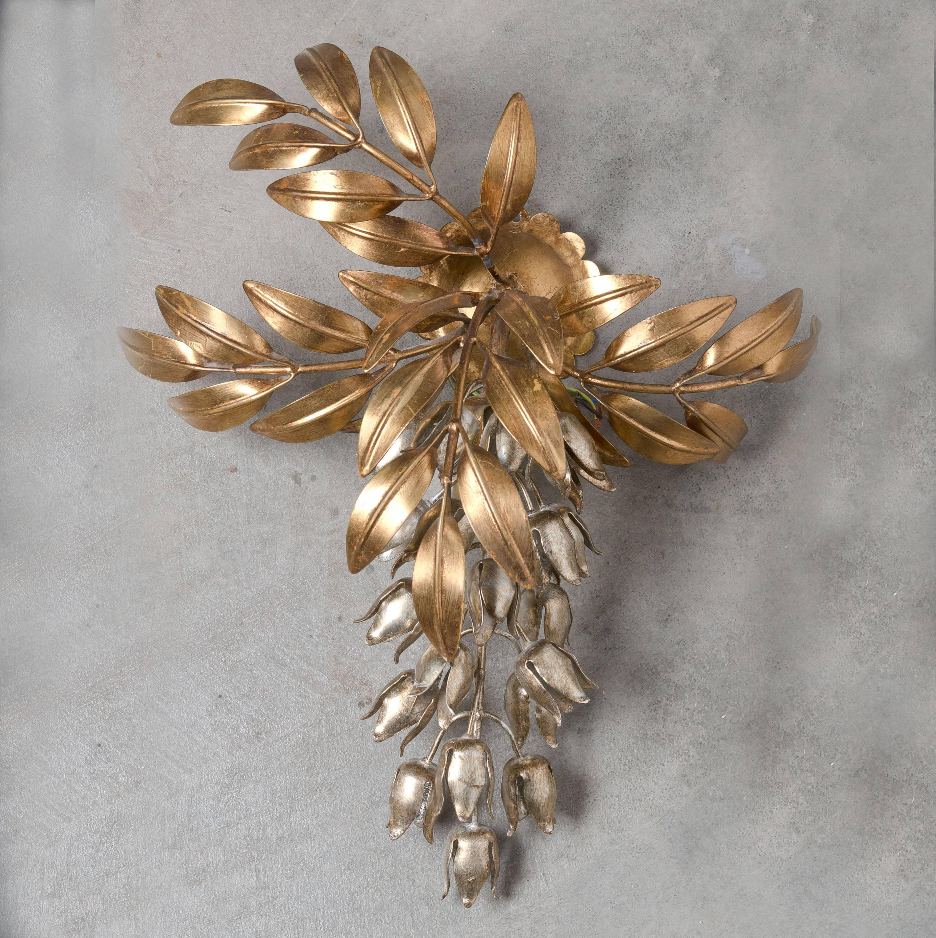 German One of the Two Hans Kögl Gilt Metal Palm Tree Wall Light Sconces, 1960s