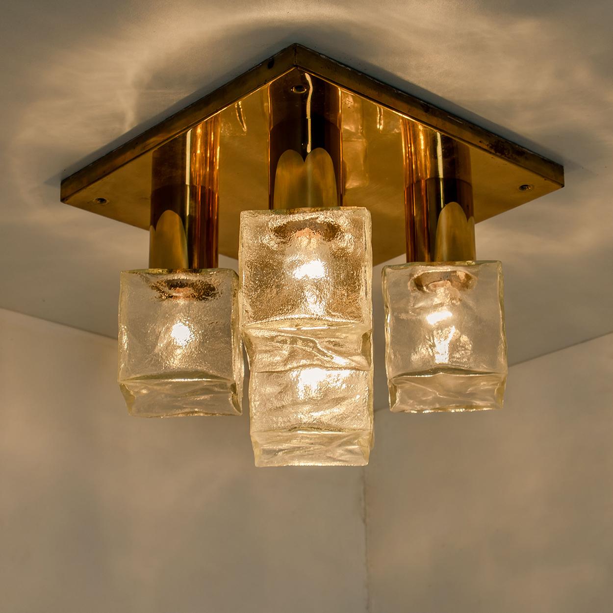 Mid-Century Modern One of the Two Kalmar Flush Mount Light or Sconce, Brass Ice Glass, 1970s For Sale