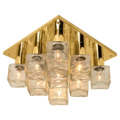 One of the Two Kalmar Flush Mount Light or Sconce, Brass Ice Glass, 1970s