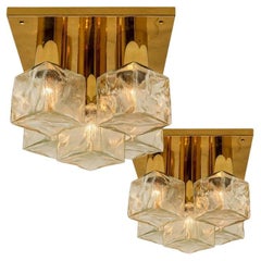 One of the Two Kalmar Flush Mount Light or Sconce, Brass Ice Glass, 1970s