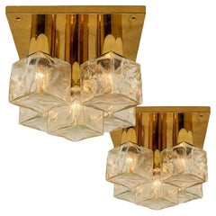 One of the Two Kalmar Flush Mount Light or Sconce, Brass Ice Glass, 1970s