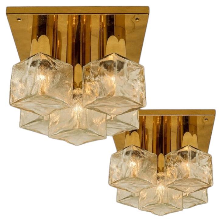 One of the Two Kalmar Flush Mount Light or Sconce, Brass Ice Glass, 1970s