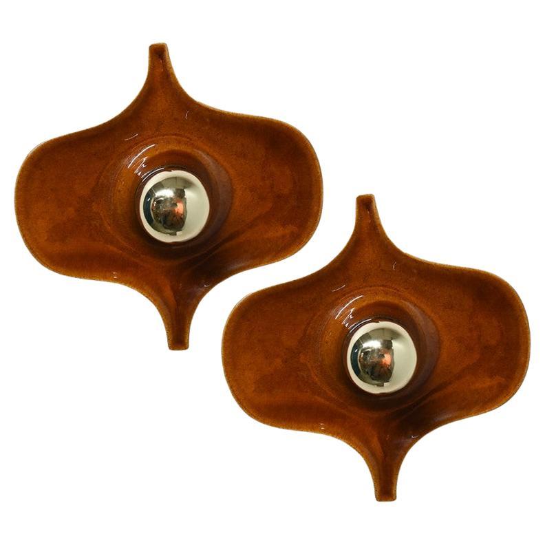 One of the Two Pairs of Fat Lava Brown Ceramic Wall Lights, Hustadt Keramik For Sale