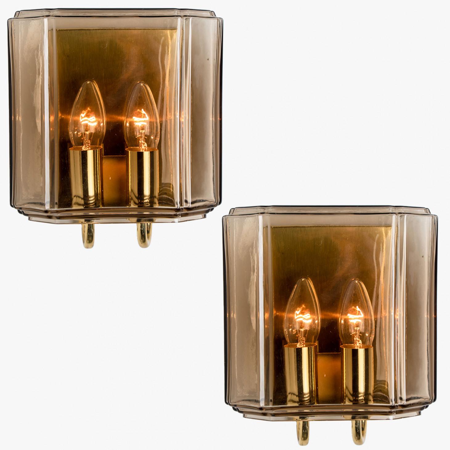 German One of the two Pairs of Smoked Glass Wall Lights Sconces by Glashütte Limburg, 1 For Sale