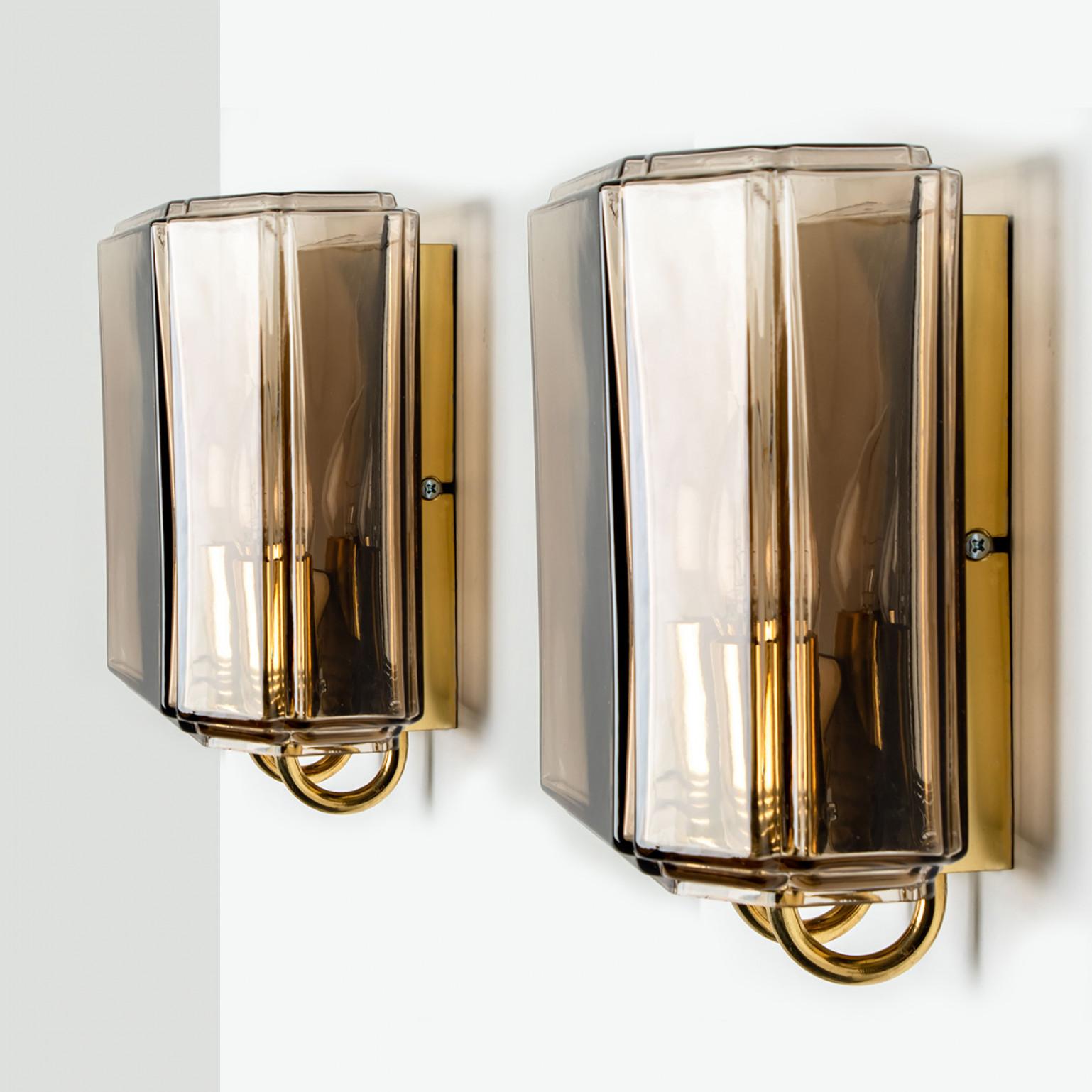 Brass One of the two Pairs of Smoked Glass Wall Lights Sconces by Glashütte Limburg, 1 For Sale