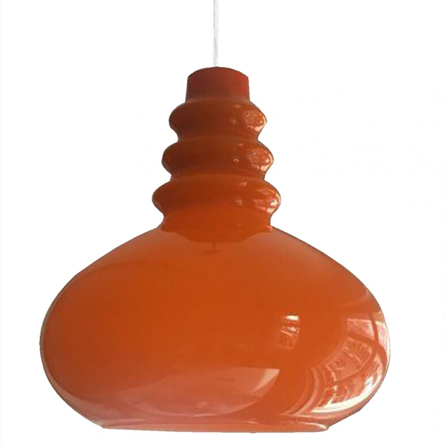 There’s something about orange that screams this particular era. And this 1970s pair of Peil & Putzler ceiling pendant lamps is very orange! Image 1 is the lamp with the light on.

The lovely shaped lampshade is made of a ‘cast opaque orange glass’