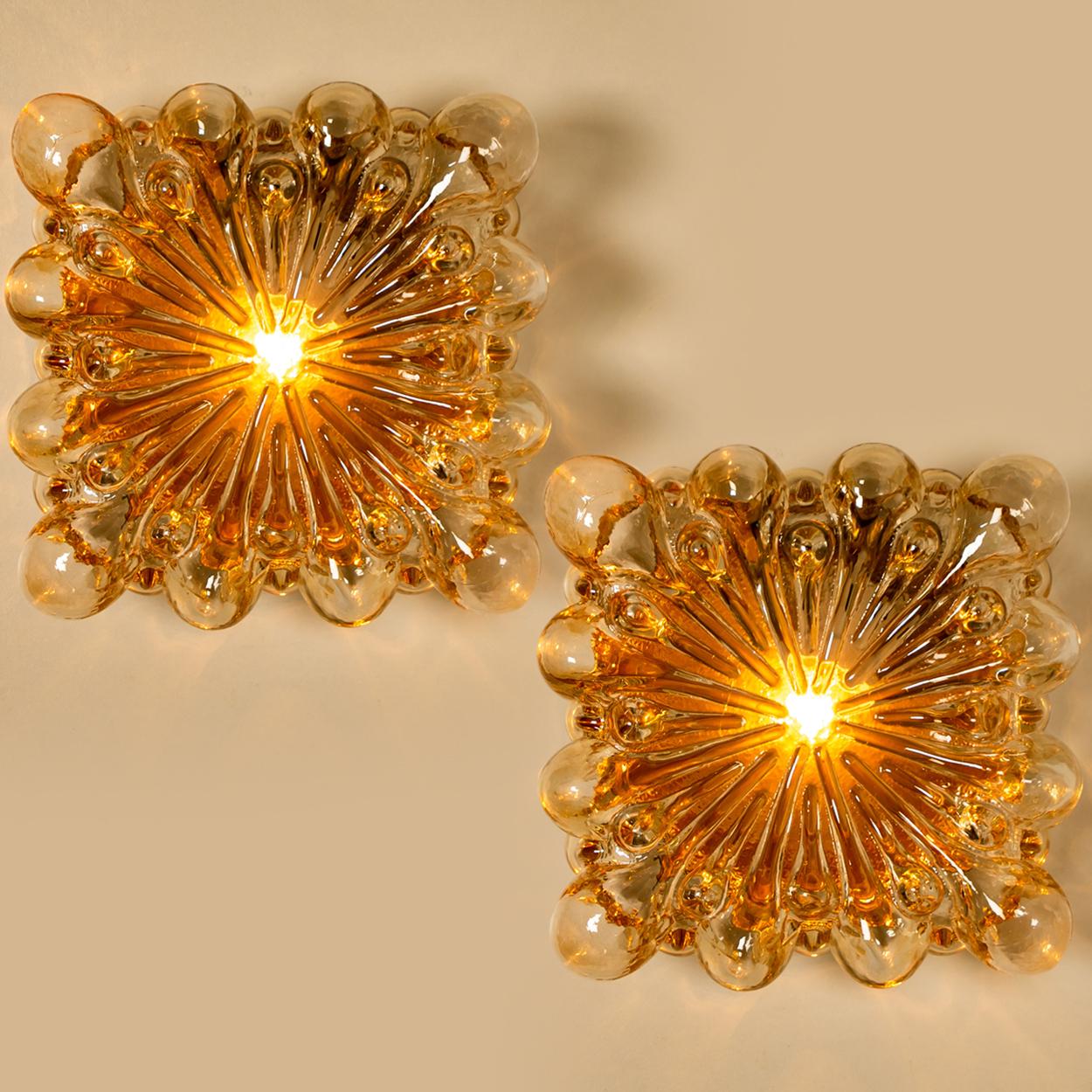 One of the Two Tynell Square Amber Bubble Flush Mounts/Wall Sconces, 1960s 1