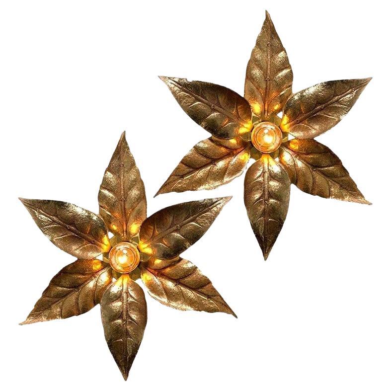 One of the Two Willy Daro Style Brass Flowers Wall Lights by Massive Lighting
