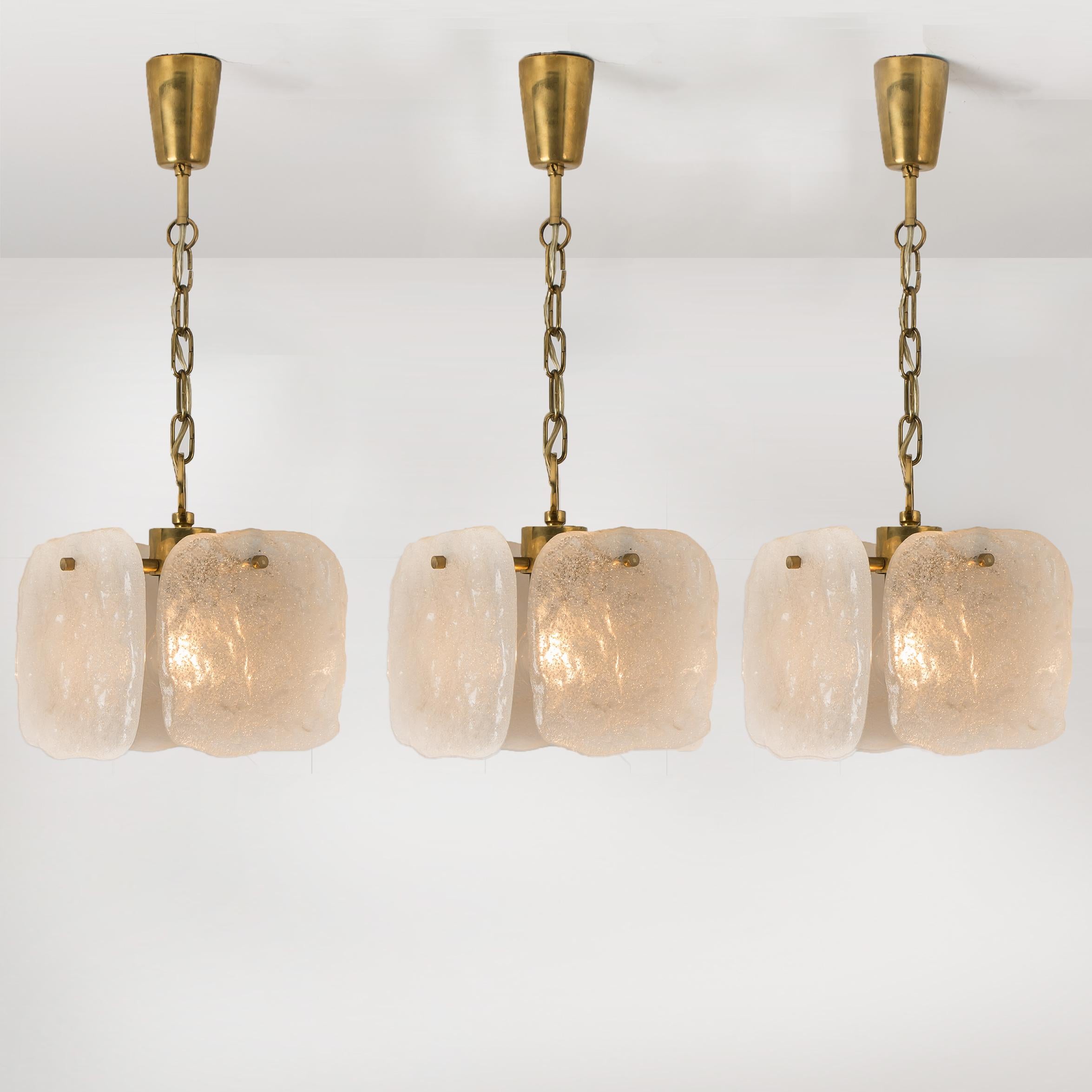 Brushed One of Three Ice Glass Pendant Lights from J.T. Kalmar, 1960s