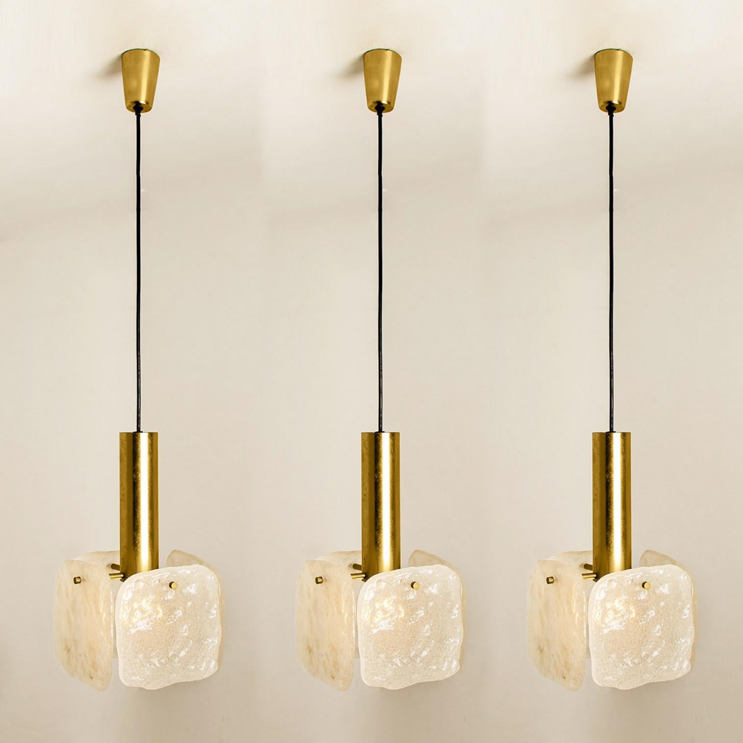 Brass One of Three Ice Glass Pendant Lights from J.T. Kalmar, 1960s For Sale