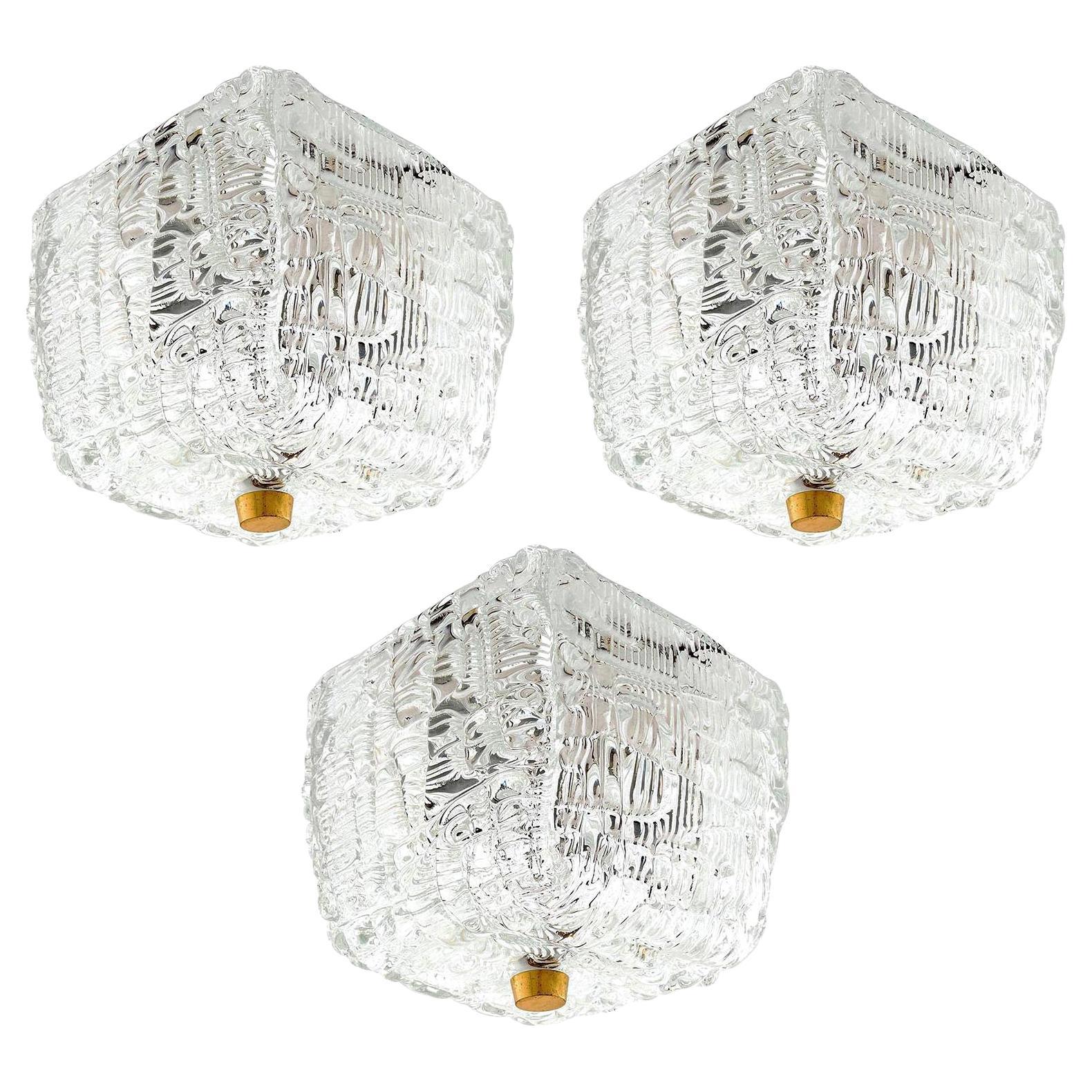 One of Three Kalmar Flushmount Lights, Textured Glass Brass, 1960 For Sale