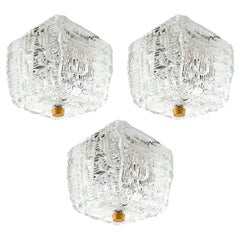 One of Three Kalmar Flushmount Lights, Textured Glass Brass, 1960