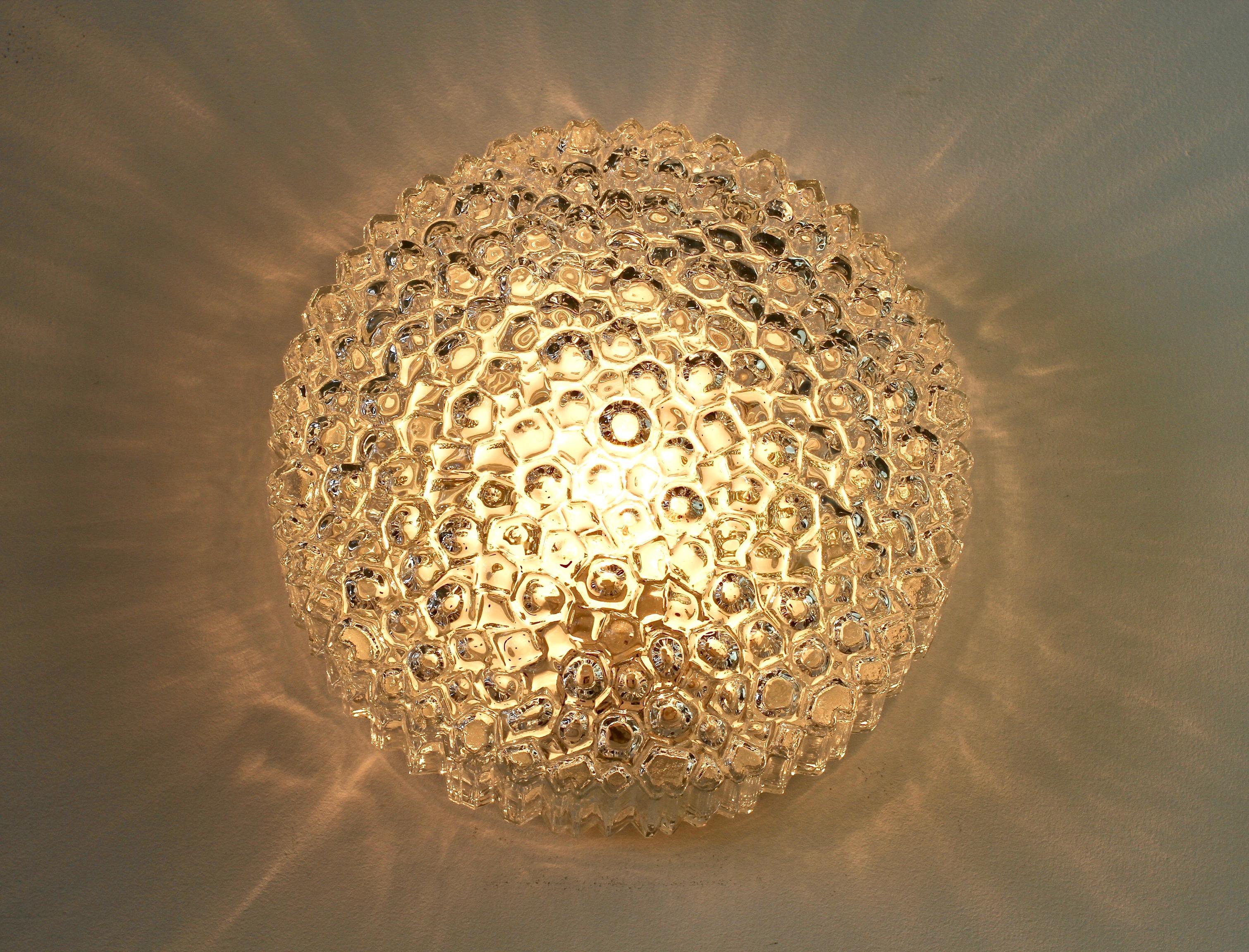 One of a Pair Limburg Vintage 1970s Textured Clear Ice Crystal Glass Flush Mount 2
