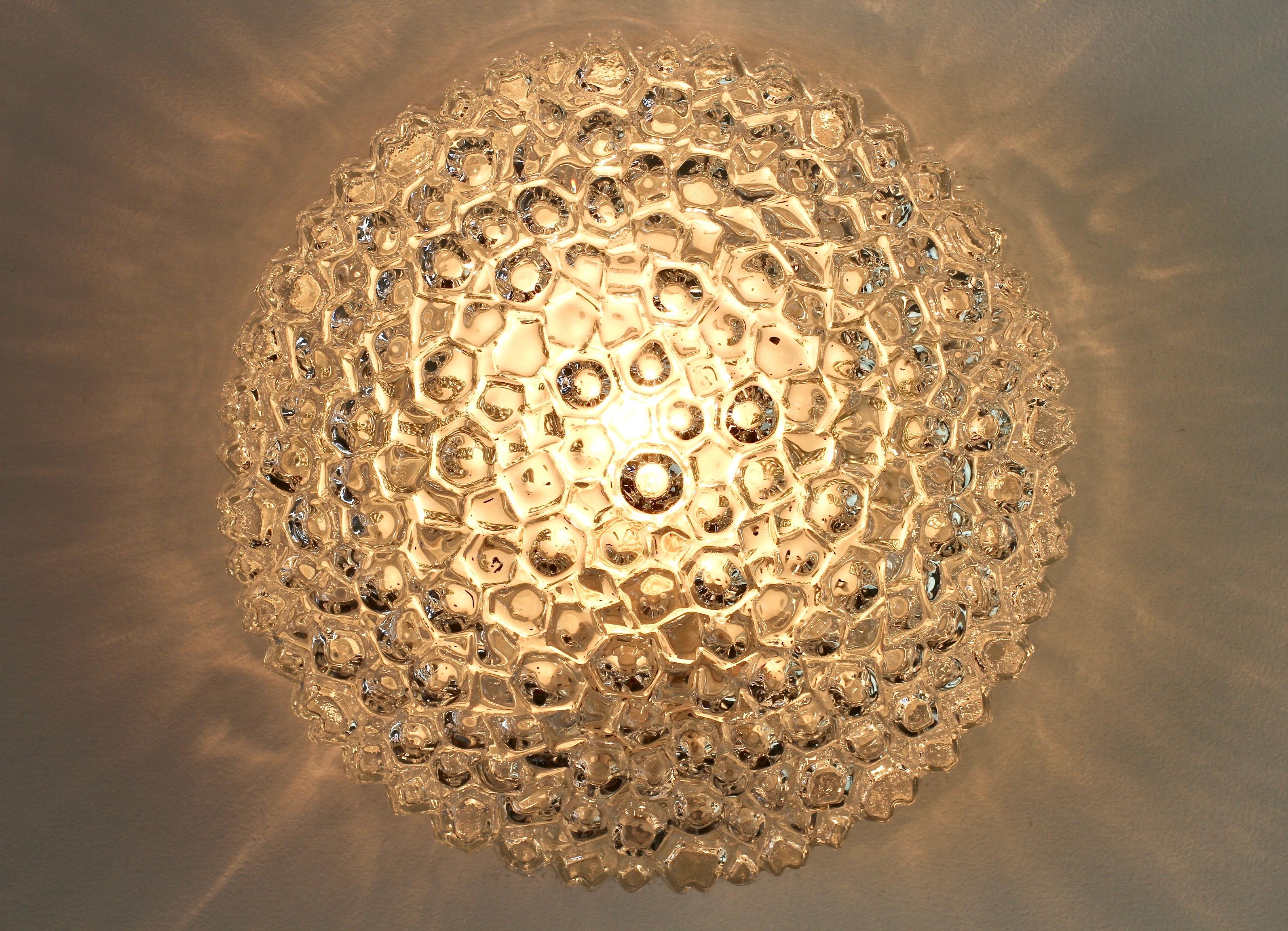 One of a Pair Limburg Vintage 1970s Textured Clear Ice Crystal Glass Flush Mount 4