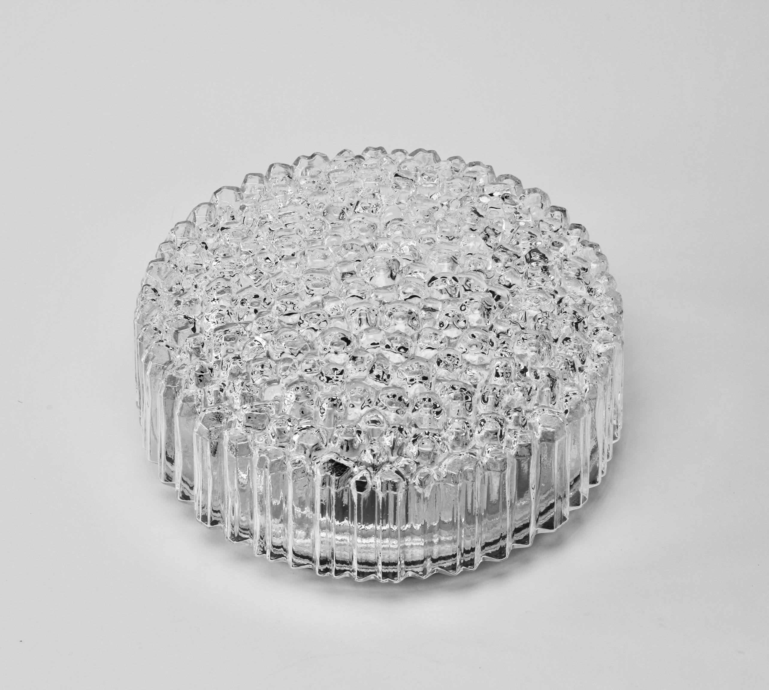 German 1 of 5 Limburg Vintage 1970s Textured Clear Ice Crystal Glass Flush Mount Light For Sale
