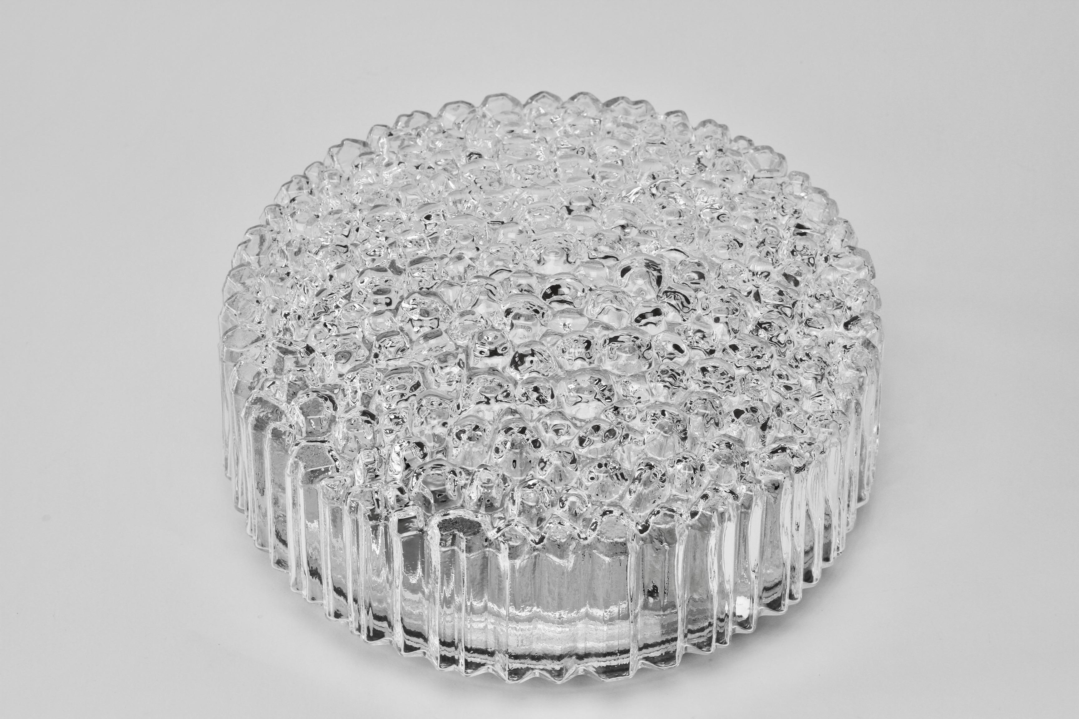 Molded 1 of 5 Limburg Vintage 1970s Textured Clear Ice Crystal Glass Flush Mount Light For Sale