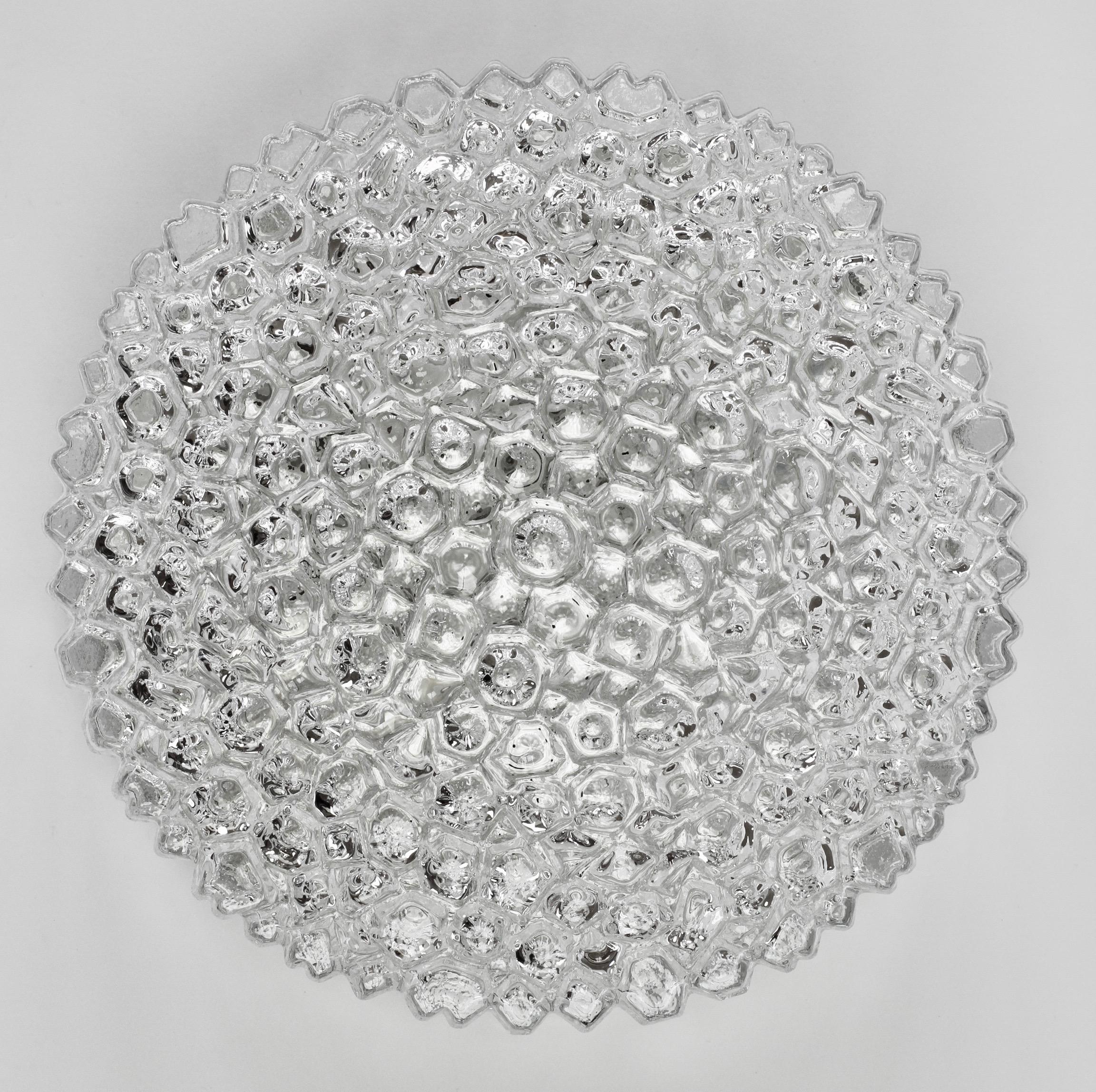 Metal 1 of 5 Limburg Vintage 1970s Textured Clear Ice Crystal Glass Flush Mount Light For Sale