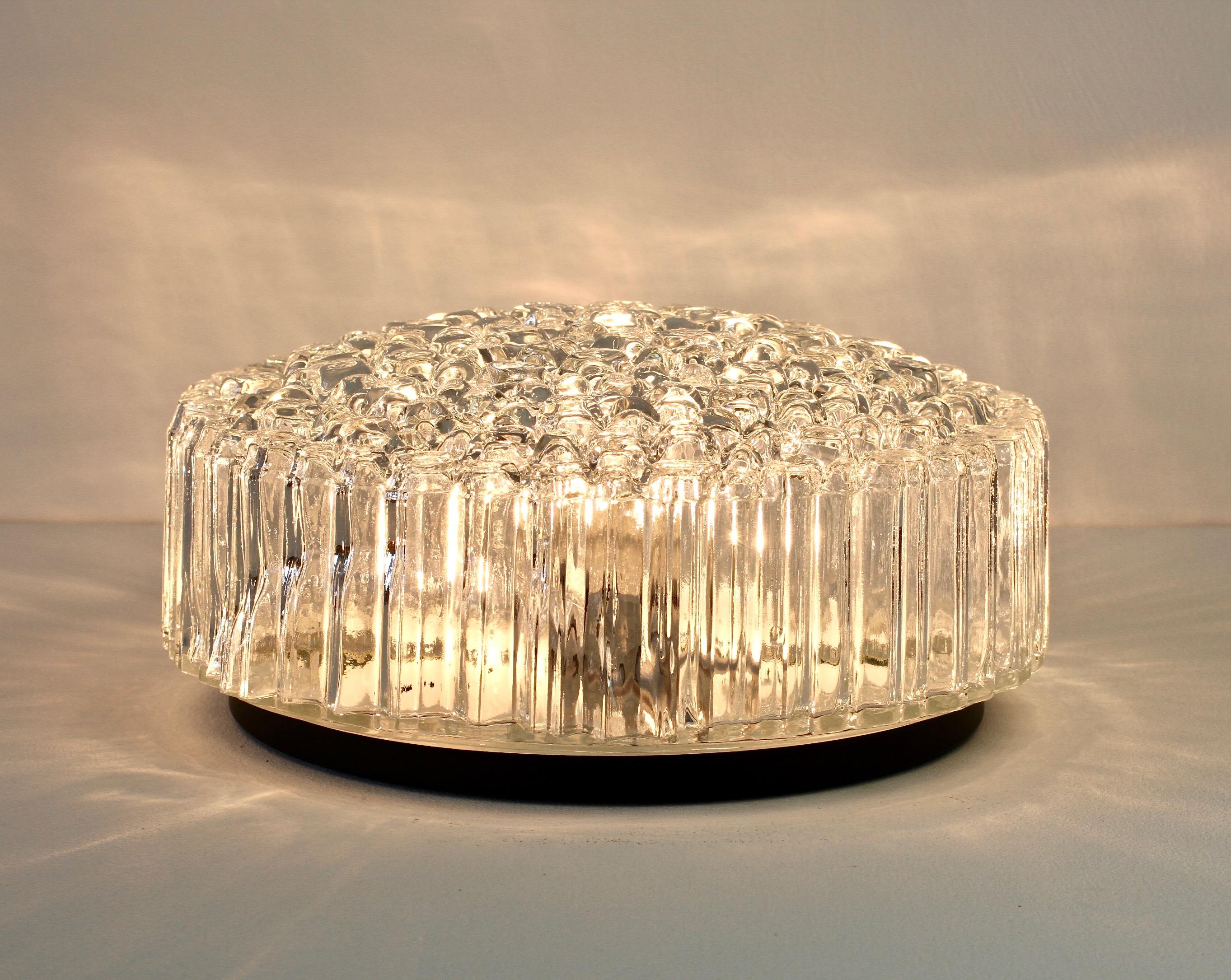Metal One of a Pair Limburg Vintage 1970s Textured Clear Ice Crystal Glass Flush Mount