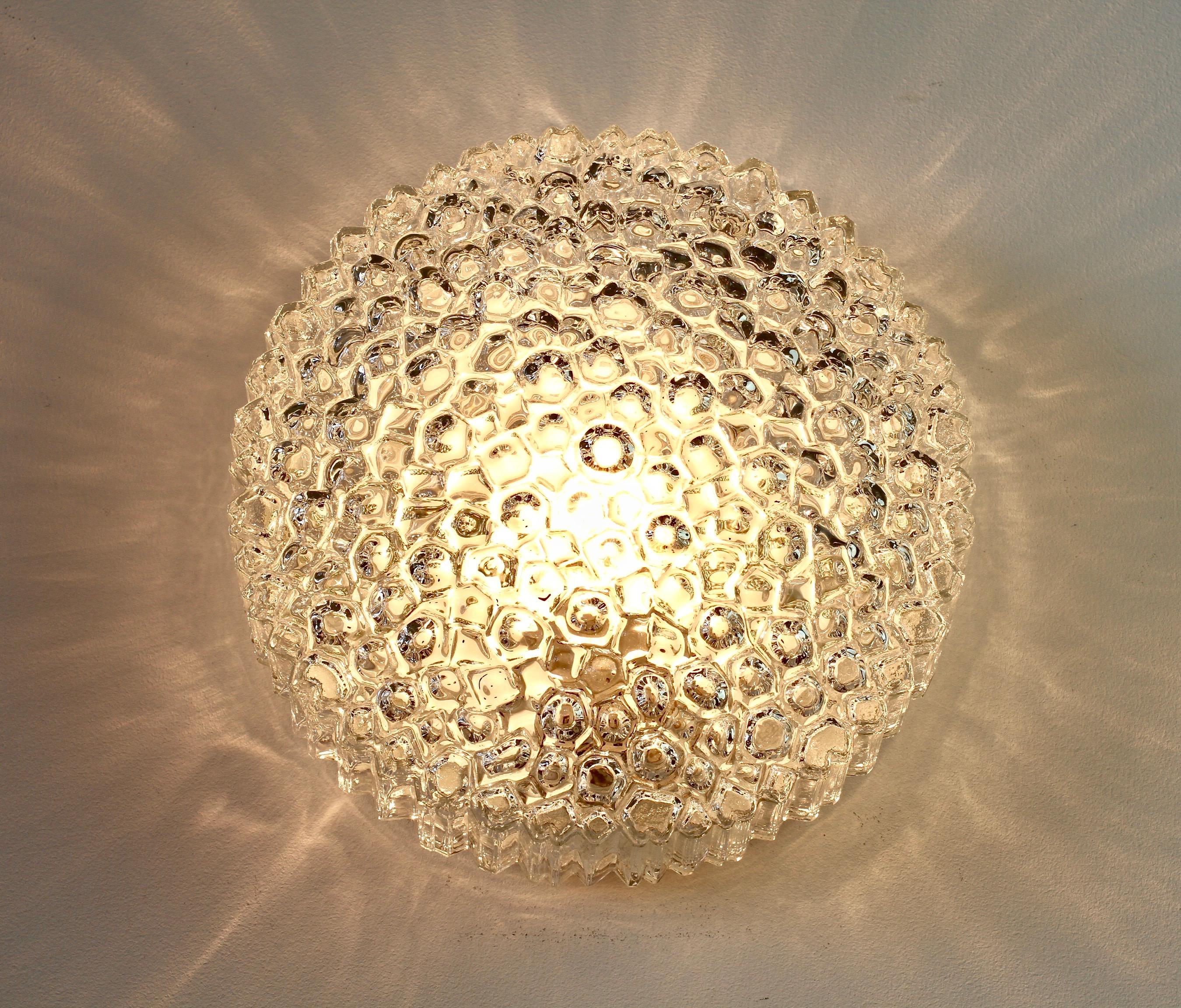 One of a Pair Limburg Vintage 1970s Textured Clear Ice Crystal Glass Flush Mount 1
