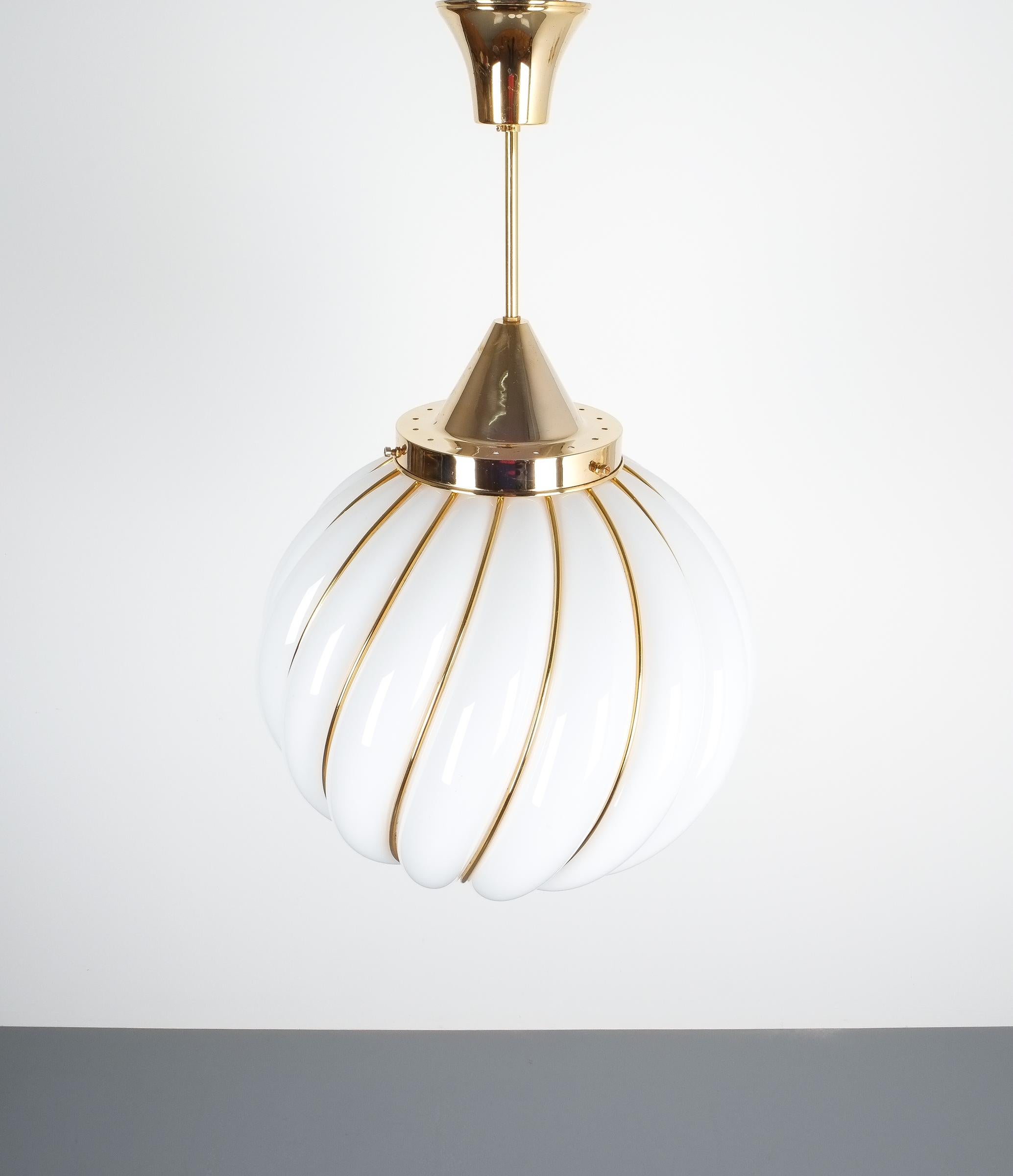 Metal Adolf Loos Pendant Lamp for VeArt Opal Glass Gold Brass, circa 1960